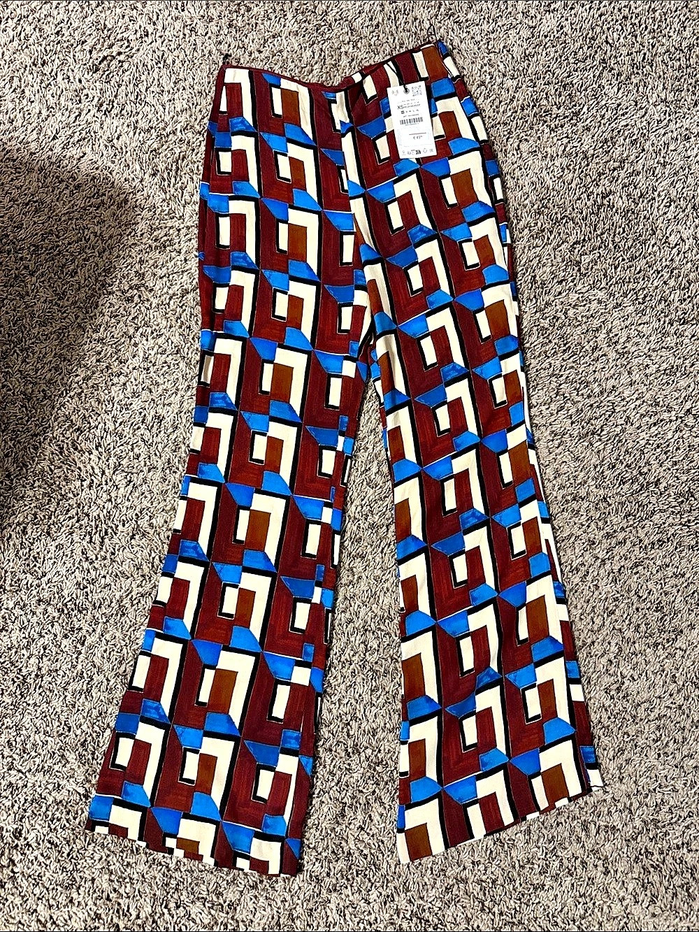 Zara Printed Flare Trousers Geometric Wide Leg Pants Brown & Blue XS
